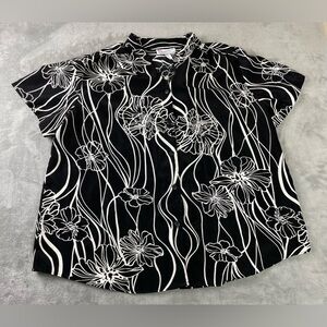 A Personal Touch Women's 3X Plus Blouse Band Collar Black White USA Made Floral